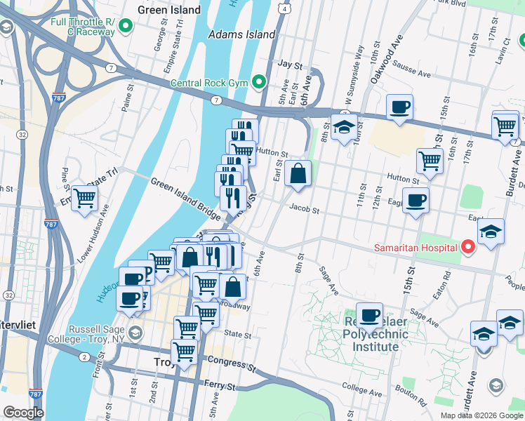 map of restaurants, bars, coffee shops, grocery stores, and more near 2154 5th Avenue in Troy