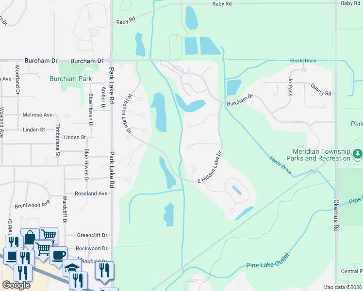 map of restaurants, bars, coffee shops, grocery stores, and more near 2471 Emerald Lake Drive in East Lansing