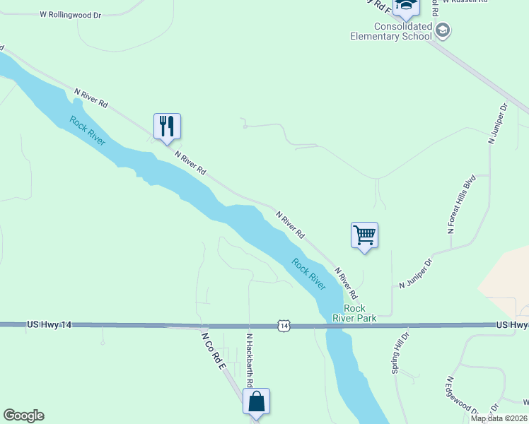 map of restaurants, bars, coffee shops, grocery stores, and more near 4341 North River Road in Janesville