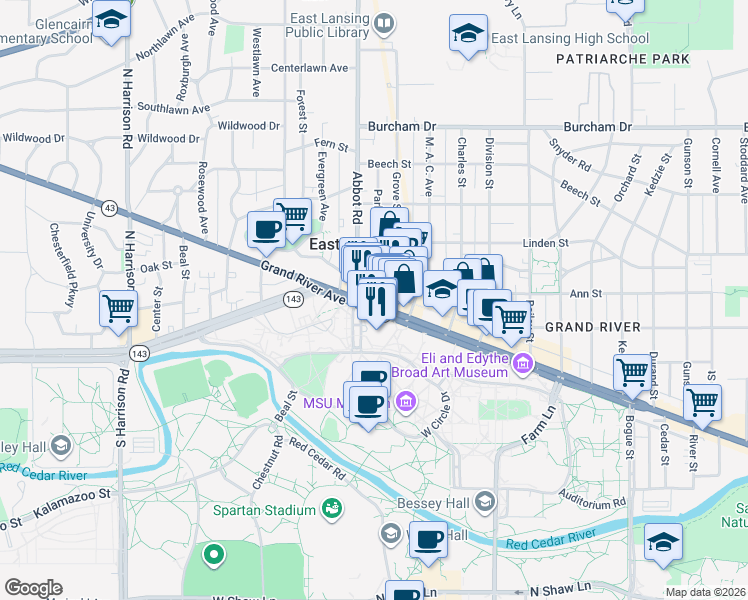map of restaurants, bars, coffee shops, grocery stores, and more near 115 East Grand River Avenue in East Lansing