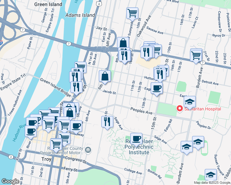map of restaurants, bars, coffee shops, grocery stores, and more near 909 Jacob Street in Troy