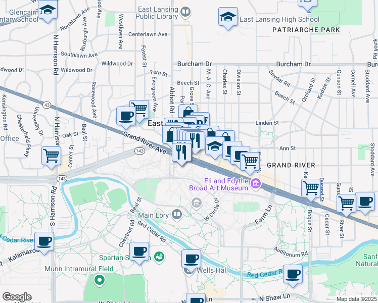map of restaurants, bars, coffee shops, grocery stores, and more near 129 East Grand River Road in East Lansing
