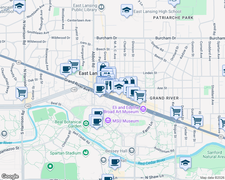 map of restaurants, bars, coffee shops, grocery stores, and more near 207 M. A. C. Avenue in East Lansing