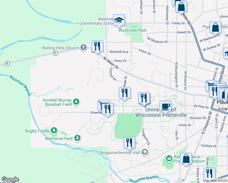 map of restaurants, bars, coffee shops, grocery stores, and more near 1235 Sunset Drive in Platteville