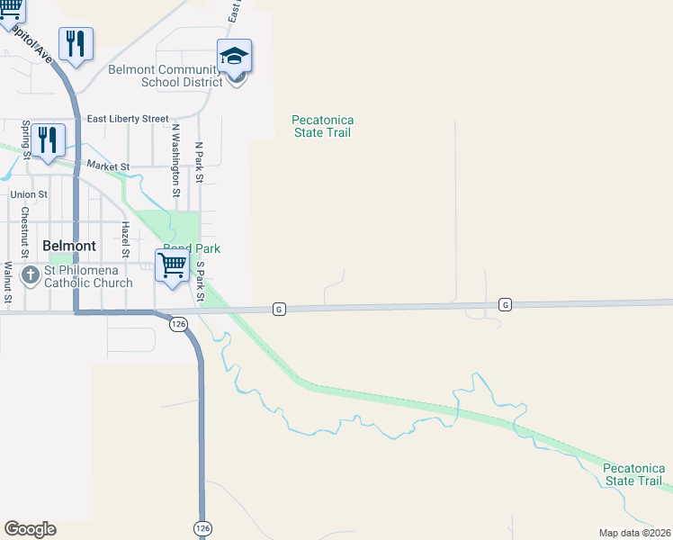 map of restaurants, bars, coffee shops, grocery stores, and more near 25652 County Road G in Belmont