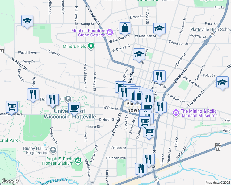 map of restaurants, bars, coffee shops, grocery stores, and more near 30 North Elm Street in Platteville