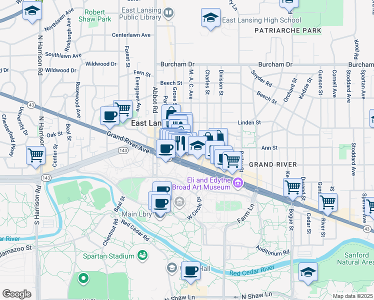 map of restaurants, bars, coffee shops, grocery stores, and more near 220 M. A. C. Avenue in East Lansing