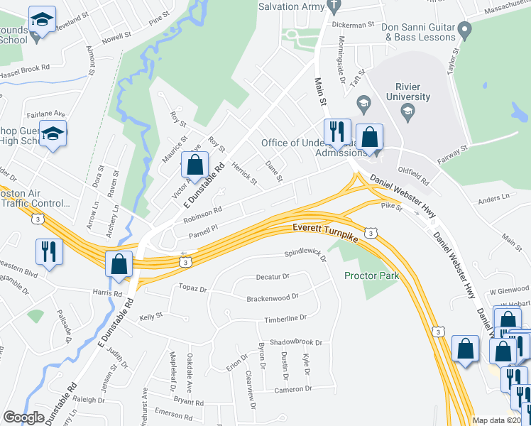 map of restaurants, bars, coffee shops, grocery stores, and more near 82 Parnell Place in Nashua