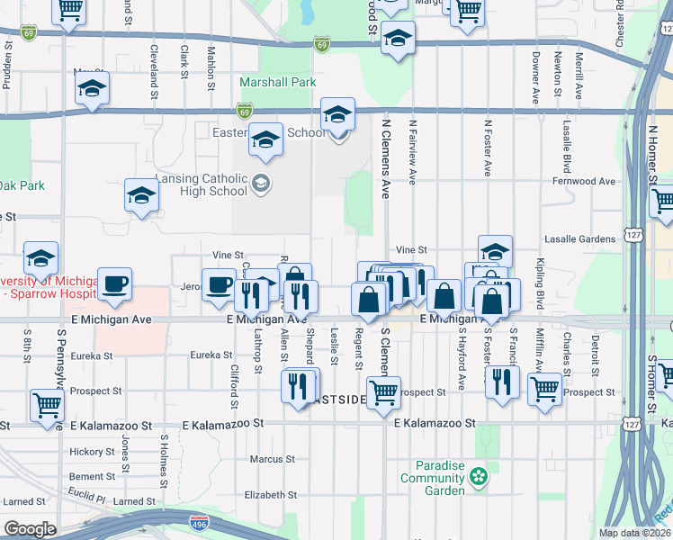 map of restaurants, bars, coffee shops, grocery stores, and more near 1801 Jerome Street in Lansing
