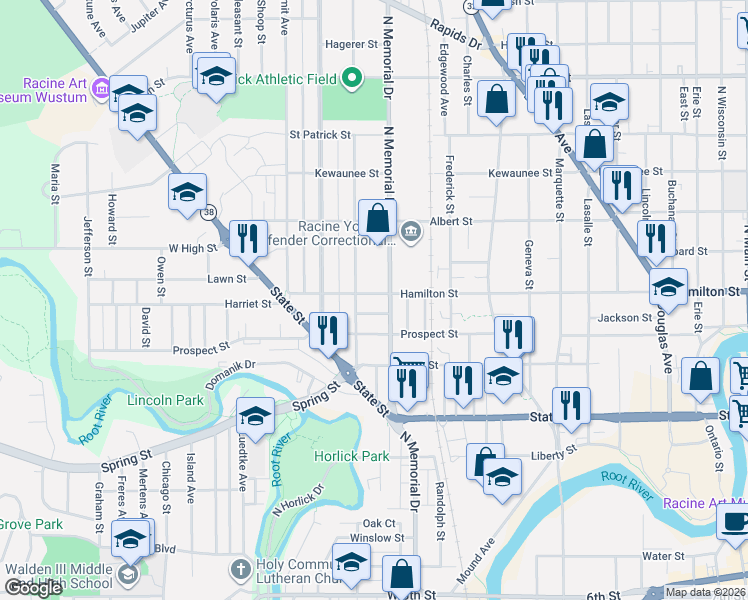 map of restaurants, bars, coffee shops, grocery stores, and more near 1616 Woodrow Avenue in Racine