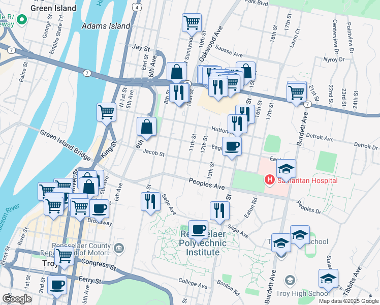 map of restaurants, bars, coffee shops, grocery stores, and more near 91 11th Street in Troy
