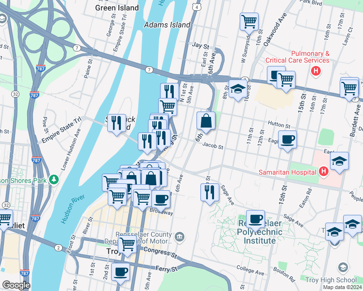 map of restaurants, bars, coffee shops, grocery stores, and more near 2154 5th Avenue in Troy