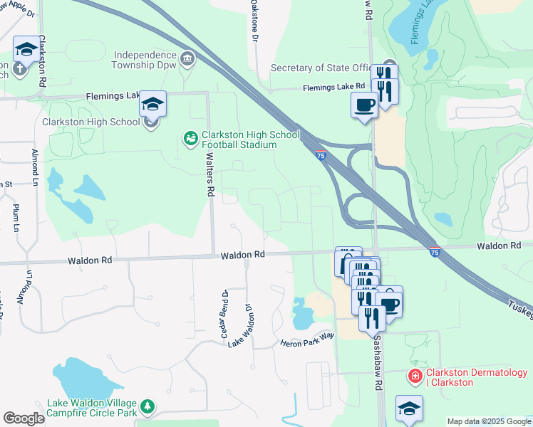 map of restaurants, bars, coffee shops, grocery stores, and more near 6586 Waldon Glens Court in Clarkston