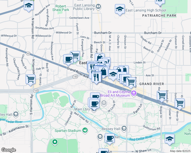 map of restaurants, bars, coffee shops, grocery stores, and more near 129 East Grand River Road in East Lansing