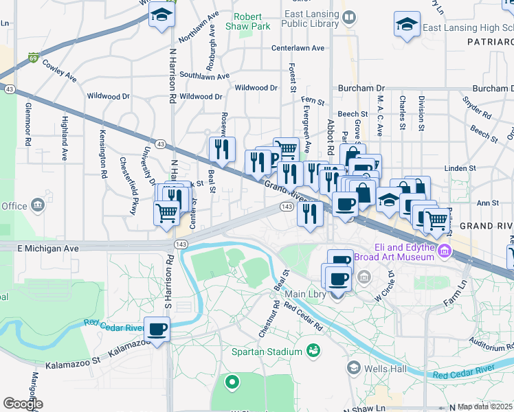map of restaurants, bars, coffee shops, grocery stores, and more near 334 East Michigan Avenue in East Lansing