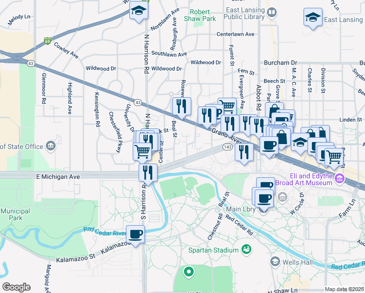 map of restaurants, bars, coffee shops, grocery stores, and more near 117 Louis Street in East Lansing