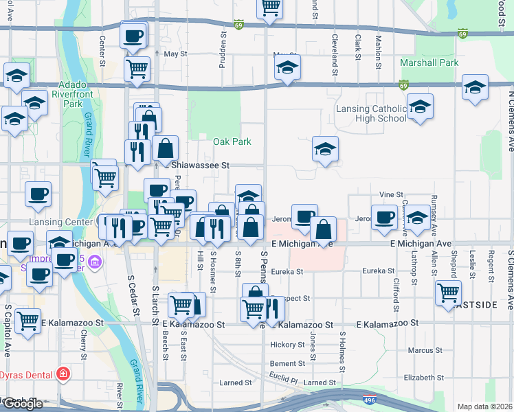 map of restaurants, bars, coffee shops, grocery stores, and more near 919 Jerome Street in Lansing