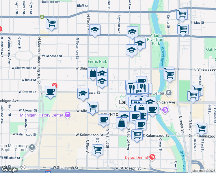 map of restaurants, bars, coffee shops, grocery stores, and more near 320 West Ottawa Street in Lansing