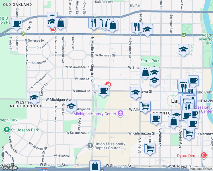 map of restaurants, bars, coffee shops, grocery stores, and more near 916 West Ottawa Street in Lansing