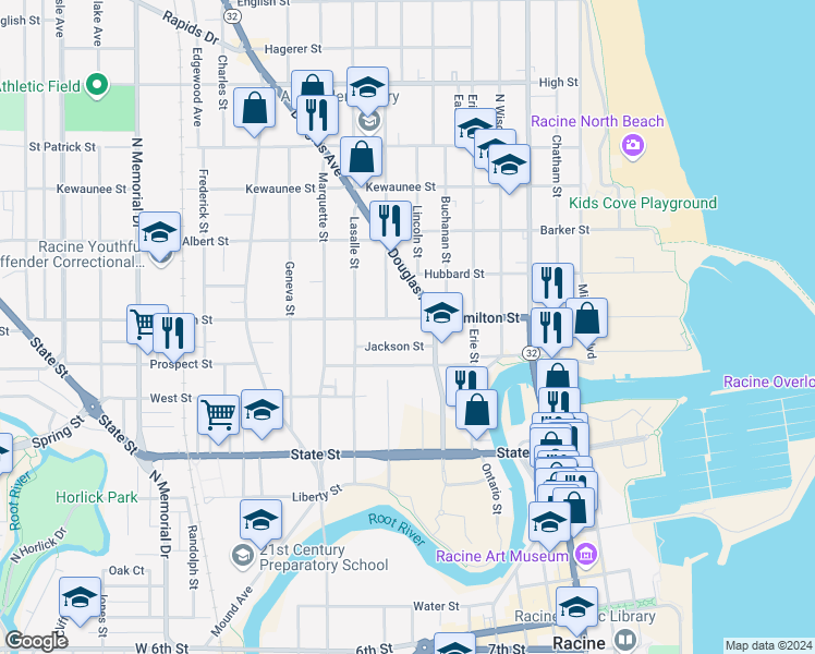 map of restaurants, bars, coffee shops, grocery stores, and more near 1124 Douglas Avenue in Racine