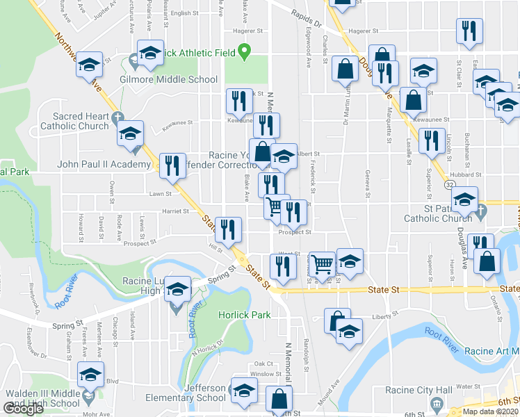 map of restaurants, bars, coffee shops, grocery stores, and more near 1616 Woodrow Avenue in Racine