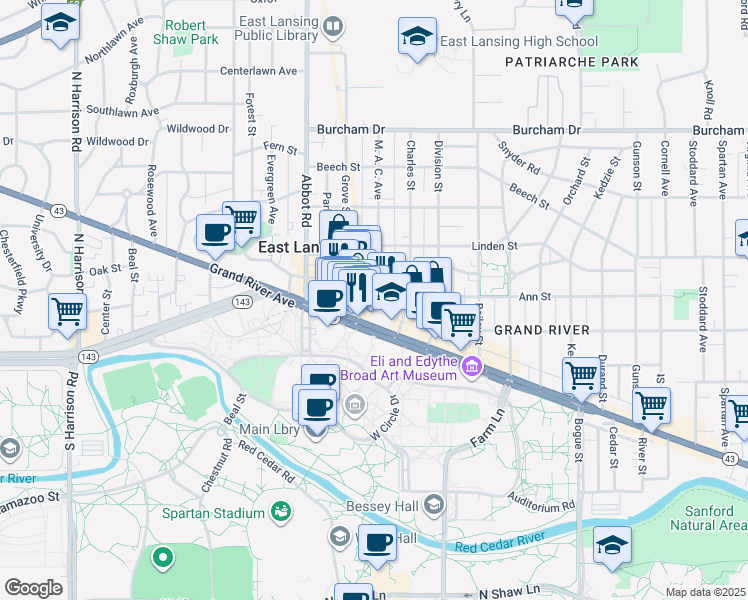map of restaurants, bars, coffee shops, grocery stores, and more near 207 M. A. C. Avenue in East Lansing