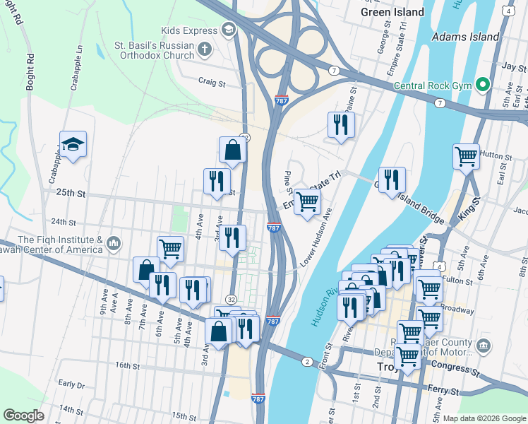 map of restaurants, bars, coffee shops, grocery stores, and more near 25th Street & Broadway in Watervliet