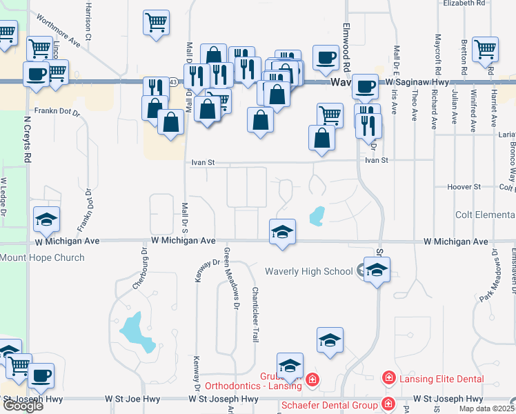 map of restaurants, bars, coffee shops, grocery stores, and more near 5130 Davenport Drive in Lansing