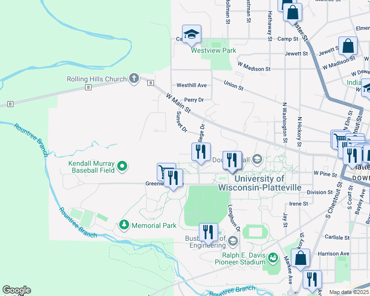 map of restaurants, bars, coffee shops, grocery stores, and more near 20 College Drive in Platteville