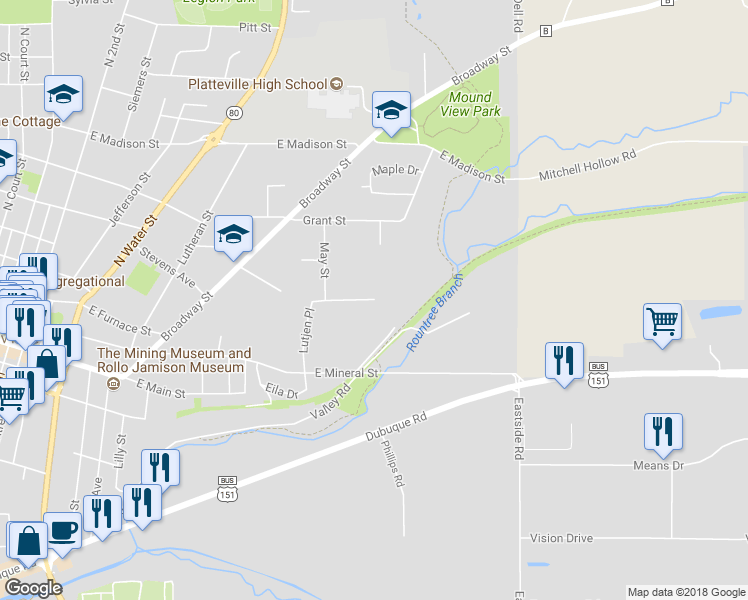 map of restaurants, bars, coffee shops, grocery stores, and more near 955 Jackson Street in Platteville