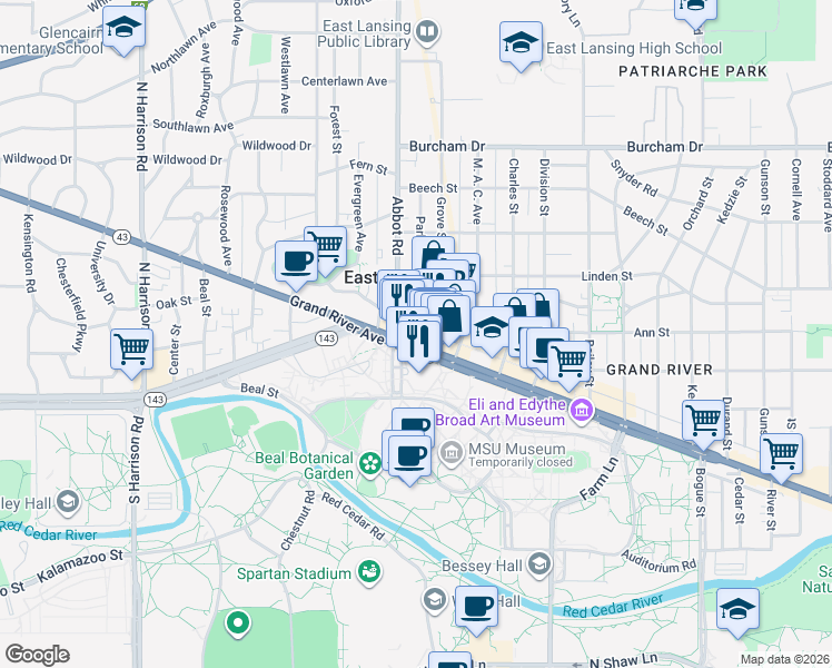 map of restaurants, bars, coffee shops, grocery stores, and more near 129 East Grand River Road in East Lansing