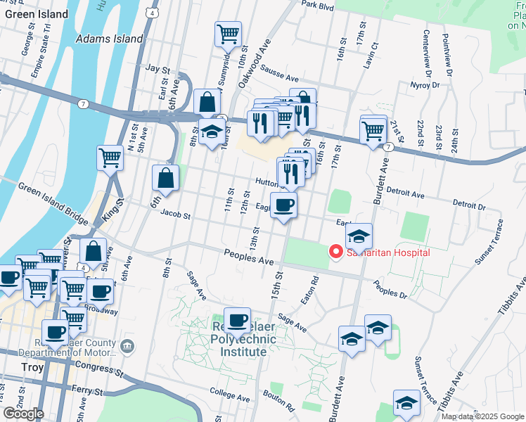 map of restaurants, bars, coffee shops, grocery stores, and more near 2214 14th Street in Troy