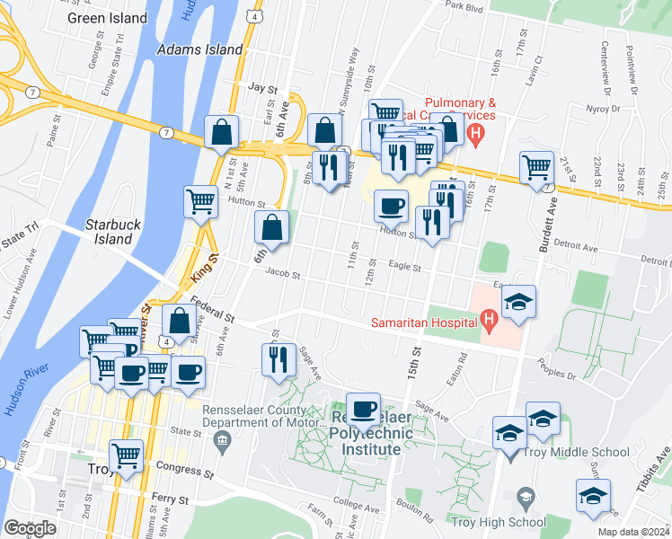 map of restaurants, bars, coffee shops, grocery stores, and more near 91 11th Street in Troy