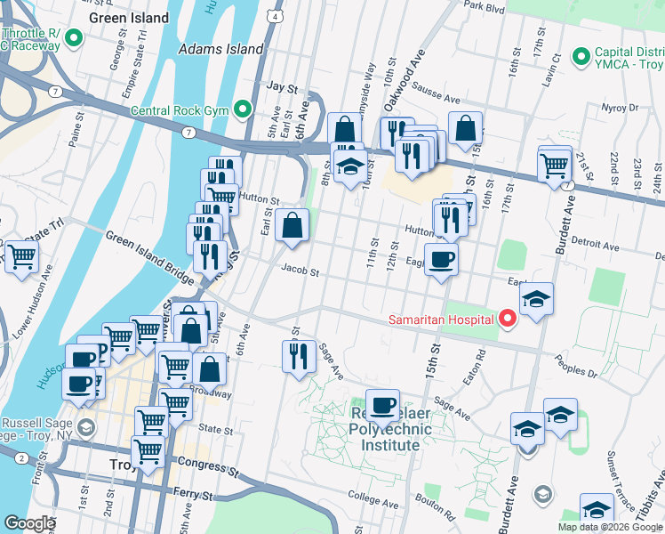 map of restaurants, bars, coffee shops, grocery stores, and more near 909 Jacob Street in Troy