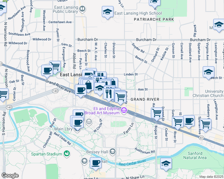 map of restaurants, bars, coffee shops, grocery stores, and more near 425 Albert Street in East Lansing