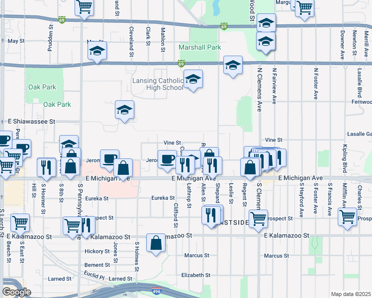 map of restaurants, bars, coffee shops, grocery stores, and more near 1441 Jerome Street in Lansing