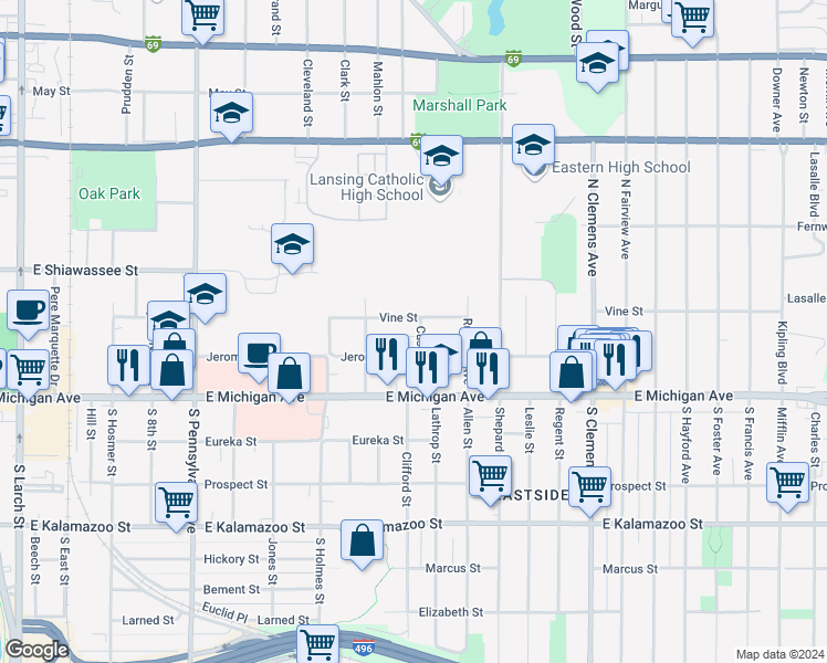 map of restaurants, bars, coffee shops, grocery stores, and more near 1441 Jerome Street in Lansing