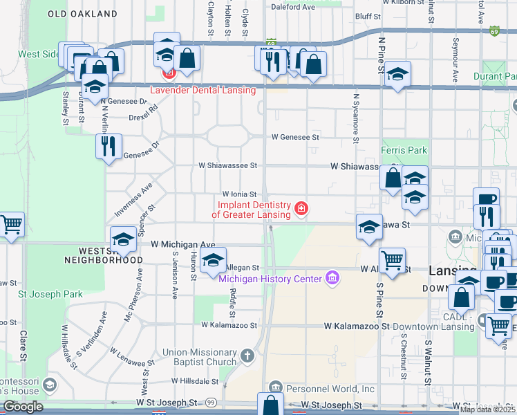 map of restaurants, bars, coffee shops, grocery stores, and more near 1012 West Ottawa Street in Lansing