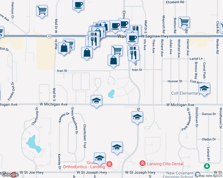 map of restaurants, bars, coffee shops, grocery stores, and more near 5132 Geraldine Drive in Lansing