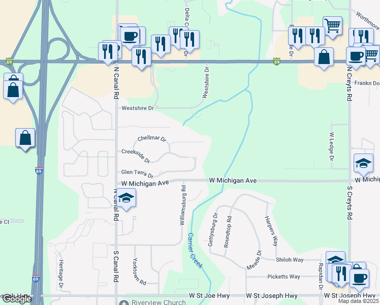 map of restaurants, bars, coffee shops, grocery stores, and more near 7207 Creekside Drive in Lansing