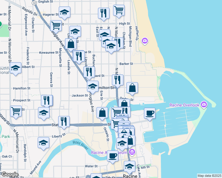 map of restaurants, bars, coffee shops, grocery stores, and more near 1116 North Wisconsin Street in Racine