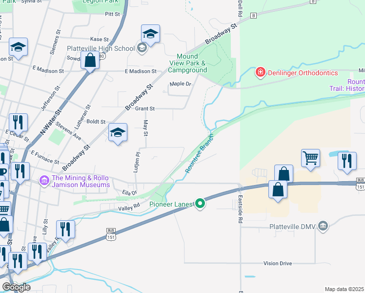 map of restaurants, bars, coffee shops, grocery stores, and more near 1098 Jackson Street in Platteville