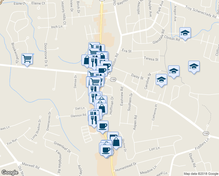 map of restaurants, bars, coffee shops, grocery stores, and more near 1 Hoffman Drive in Latham