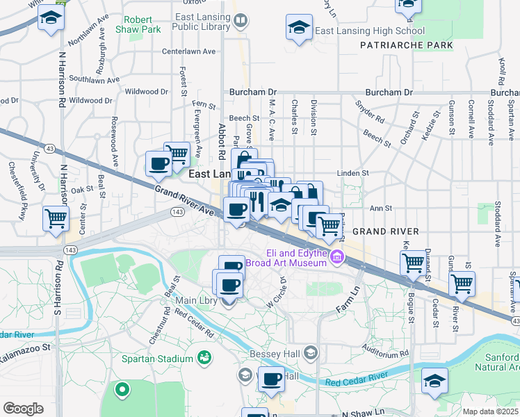 map of restaurants, bars, coffee shops, grocery stores, and more near 207 M. A. C. Avenue in East Lansing