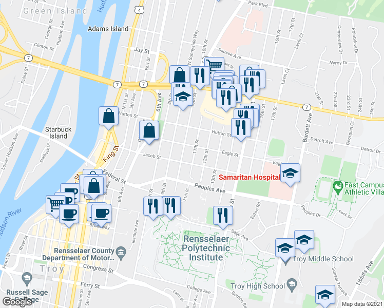 map of restaurants, bars, coffee shops, grocery stores, and more near 98 11th Street in Troy