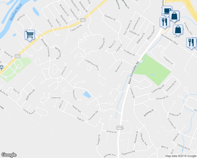 map of restaurants, bars, coffee shops, grocery stores, and more near 55 Ledgewood Hills Drive in Nashua