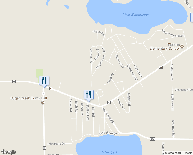 map of restaurants, bars, coffee shops, grocery stores, and more near N6753 Clubhouse Drive in Elkhorn