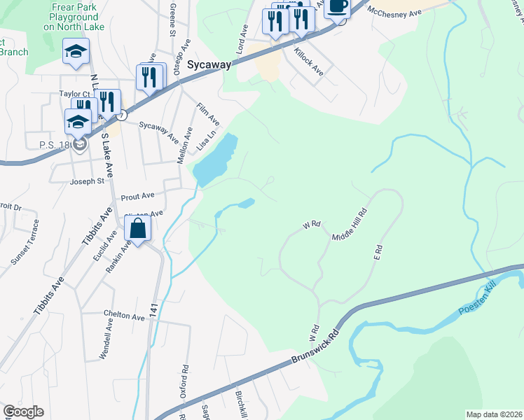 map of restaurants, bars, coffee shops, grocery stores, and more near 18 Ledgestone Road in Troy