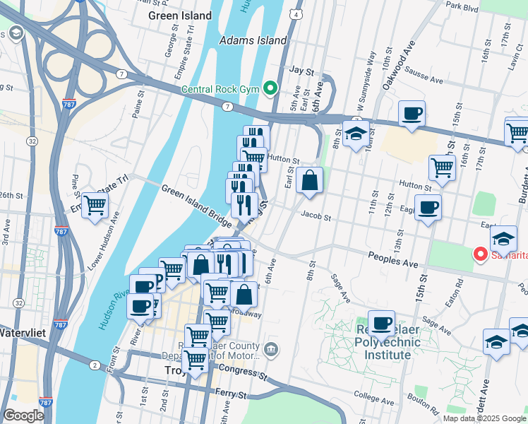 map of restaurants, bars, coffee shops, grocery stores, and more near 2154 5th Avenue in Troy