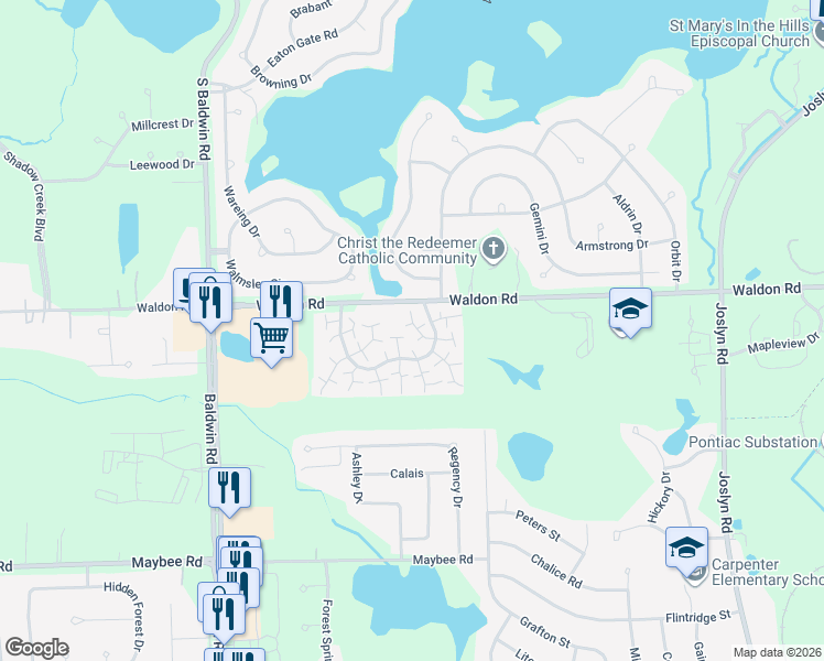 map of restaurants, bars, coffee shops, grocery stores, and more near 2806 Stoney Ridge Drive in Orion charter Township